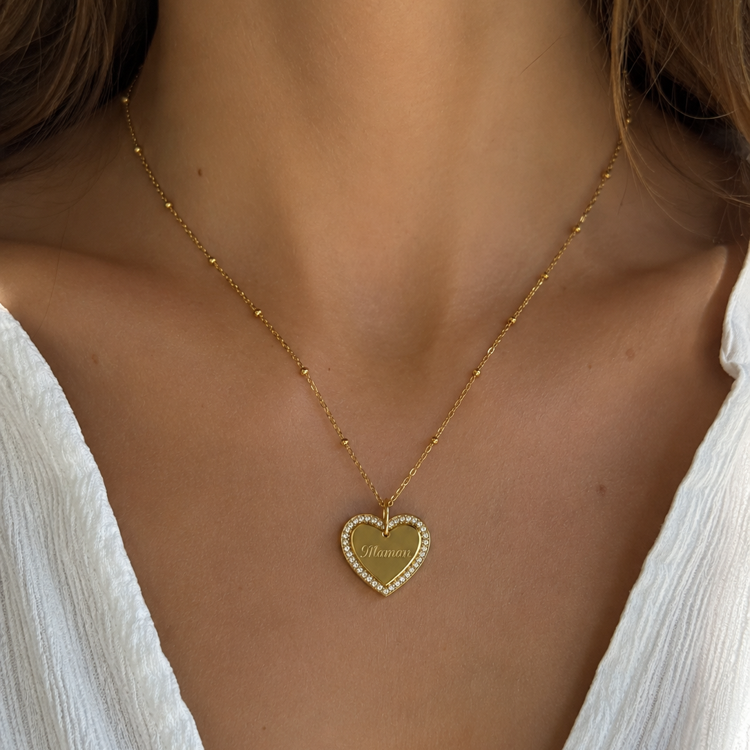 Mon cœur | Collier gravure personnalisée en acier inoxydable et zircons