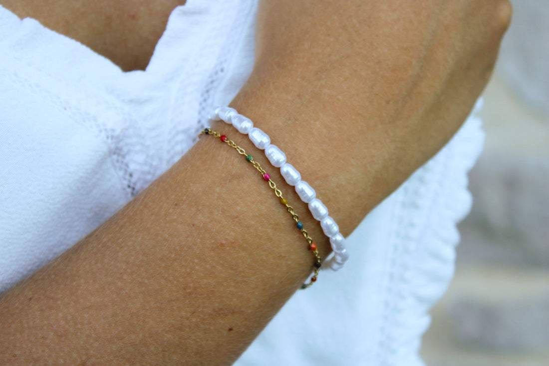 Perla | Bracelet double en acier inoxydable et perles